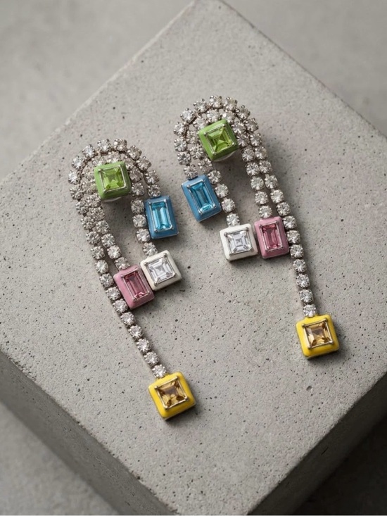 Maje Jewelry - Maje Multicolor Crystal Link Drop Earrings - Green, Blue, Pink, Yellow, White
